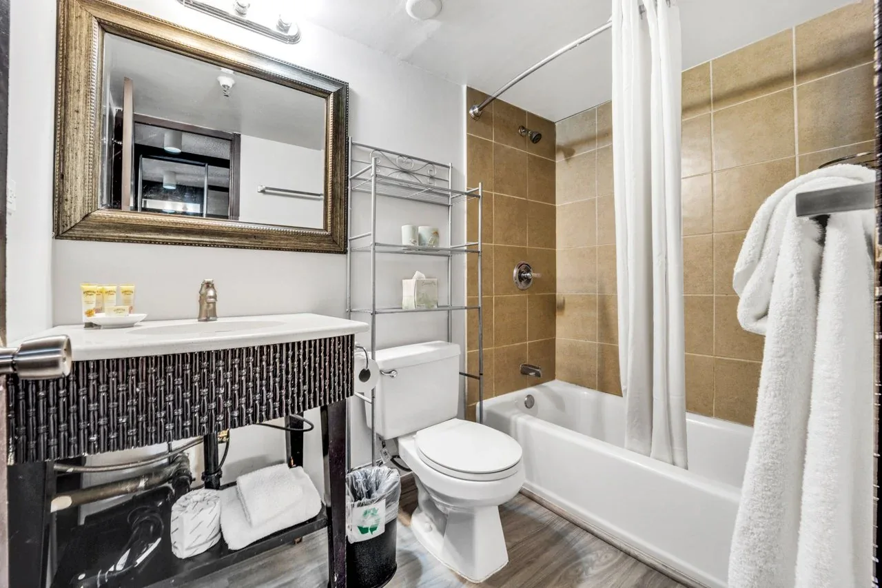 Fully remodeled bathroom with new plumbing, drywall, and light fixtures.