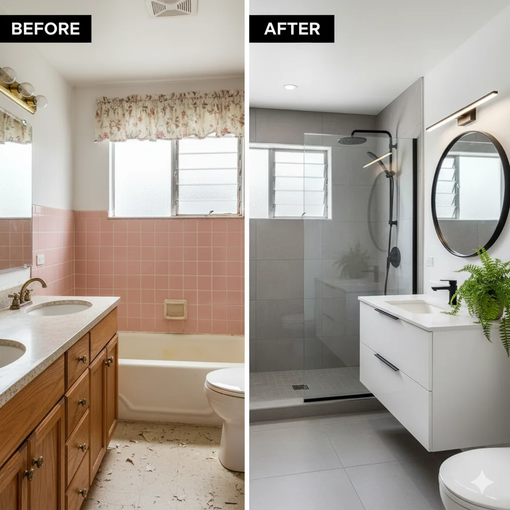 Before-and-after comparison of an Oahu bathroom renovation