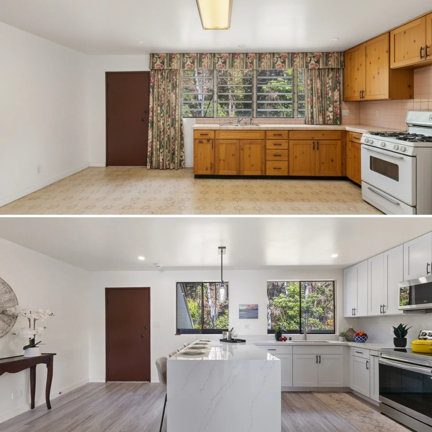 Before-and-after comparison of an Oahu kitchen renovation